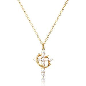 Perfect Gifts Women's Crown F Pearl  Cross Necklace Gold Plated Faith Jewelry